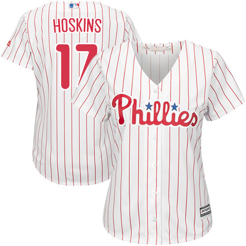 Phillies #17 Rhys Hoskins White(Red Strip) Home Women's Stitched MLB Jersey - Click Image to Close